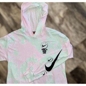NIKE "Have A Nike Day" T-Shirt Dress Womens S Pink Green Tie Dye Swoosh Hooded